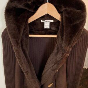 New Nygard Brown Faux Suede & Faux Shearling Hooded Knit Jacket – Size 6–8